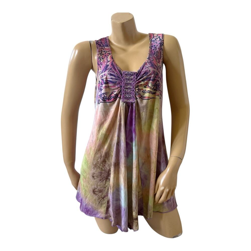 One World Tunic Tank Top Womens XL Tie Dye Paisley Sequin Embellished Stretch